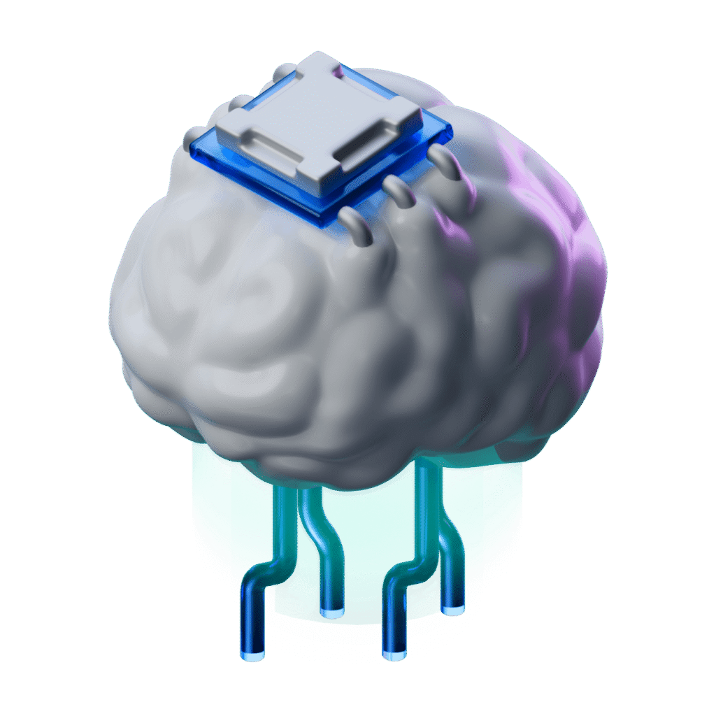 3D brain with embedded microchip symbolizing AI education and enablement.