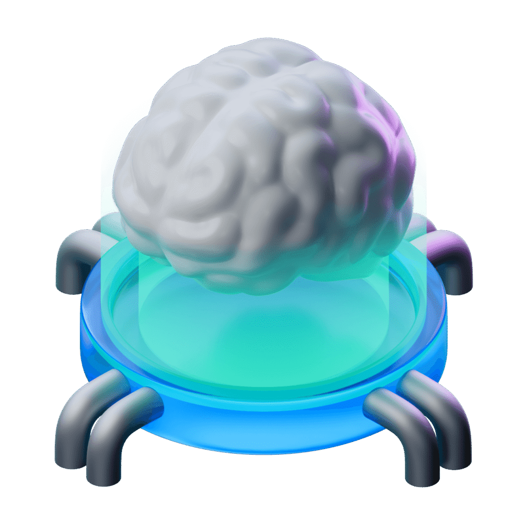 3D brain glowing with neural energy representing machine learning and predictive analytics.