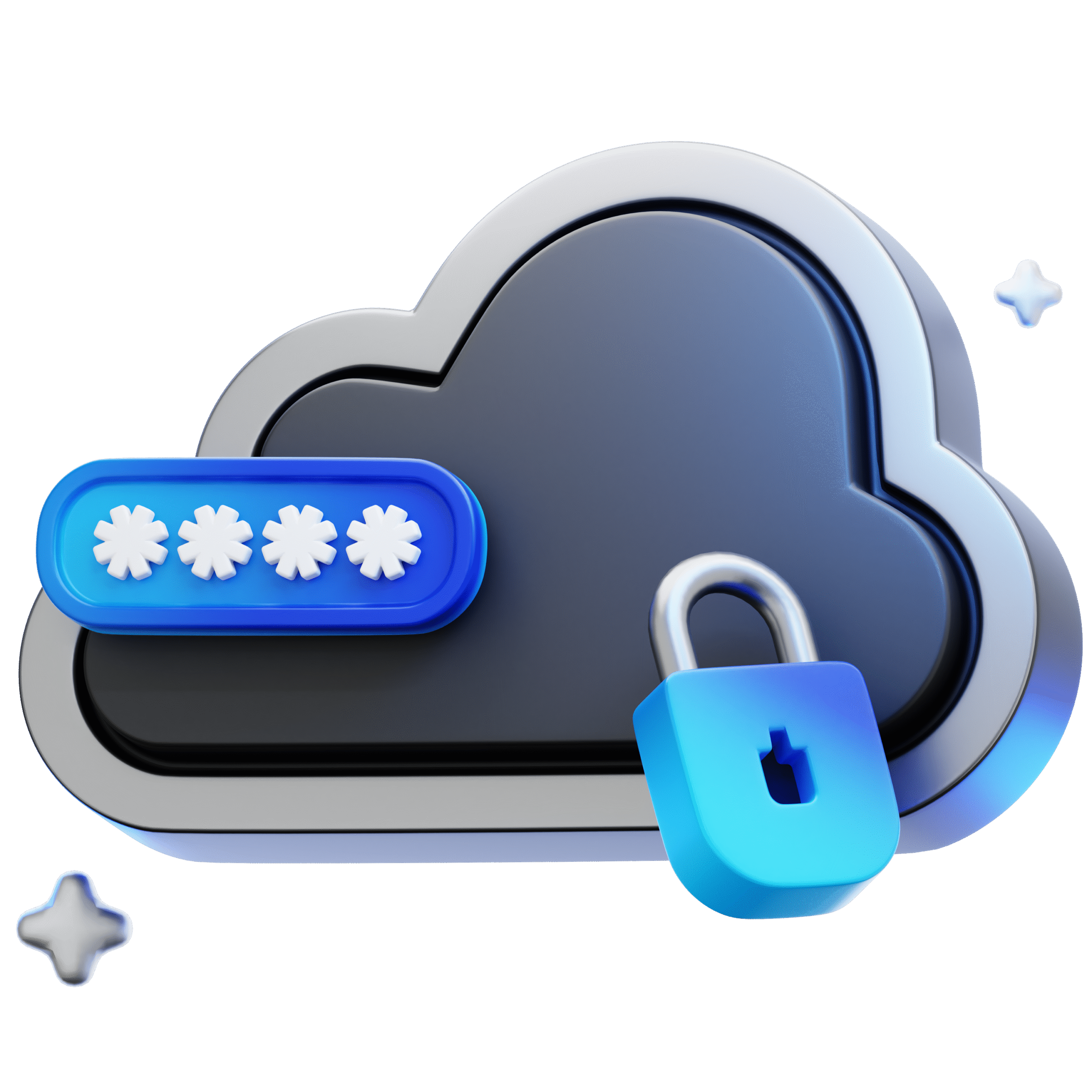 3D cloud and lock illustration symbolizing secure cloud migration and data protection.