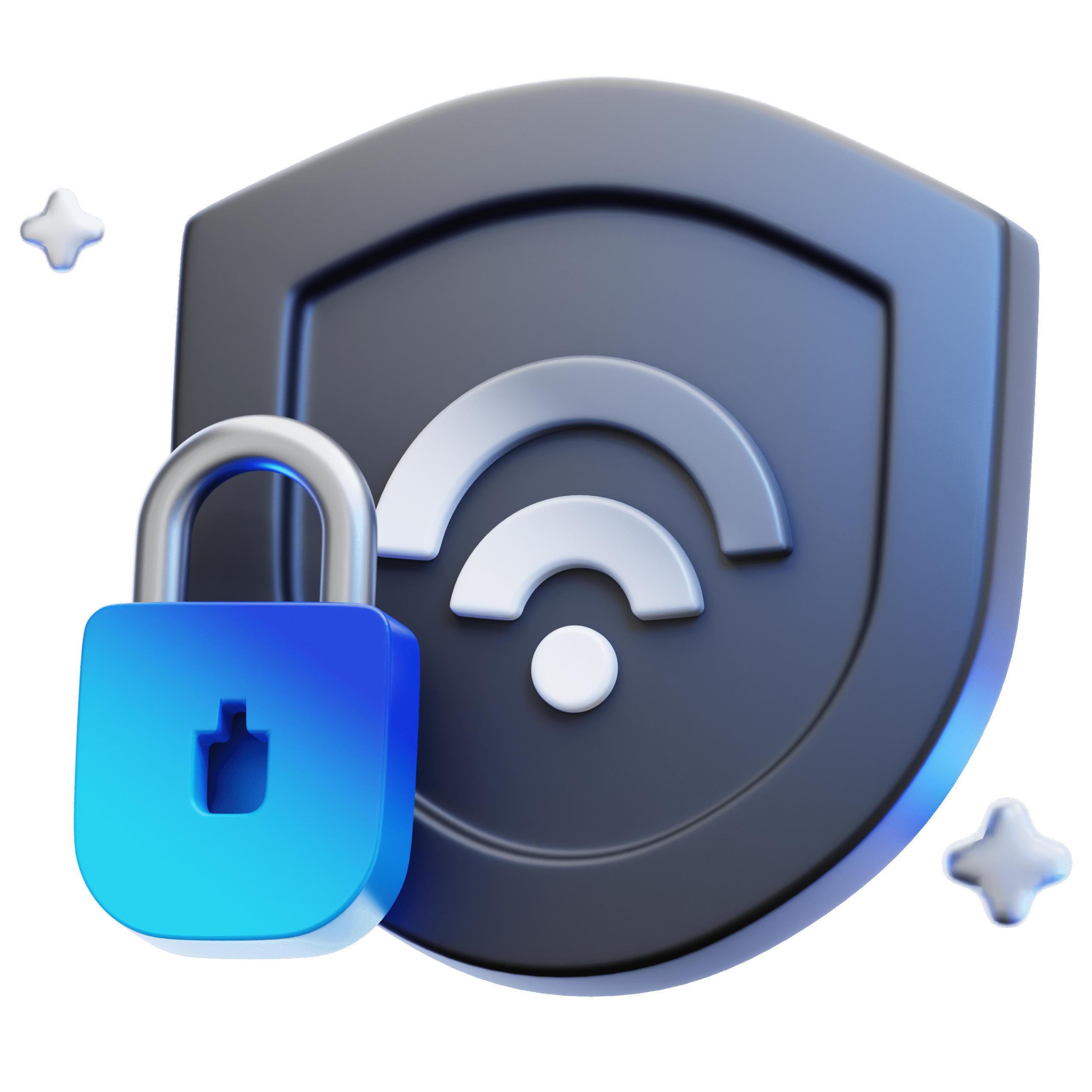 3D blue shield and lock symbol representing cybersecurity protection and data encryption.