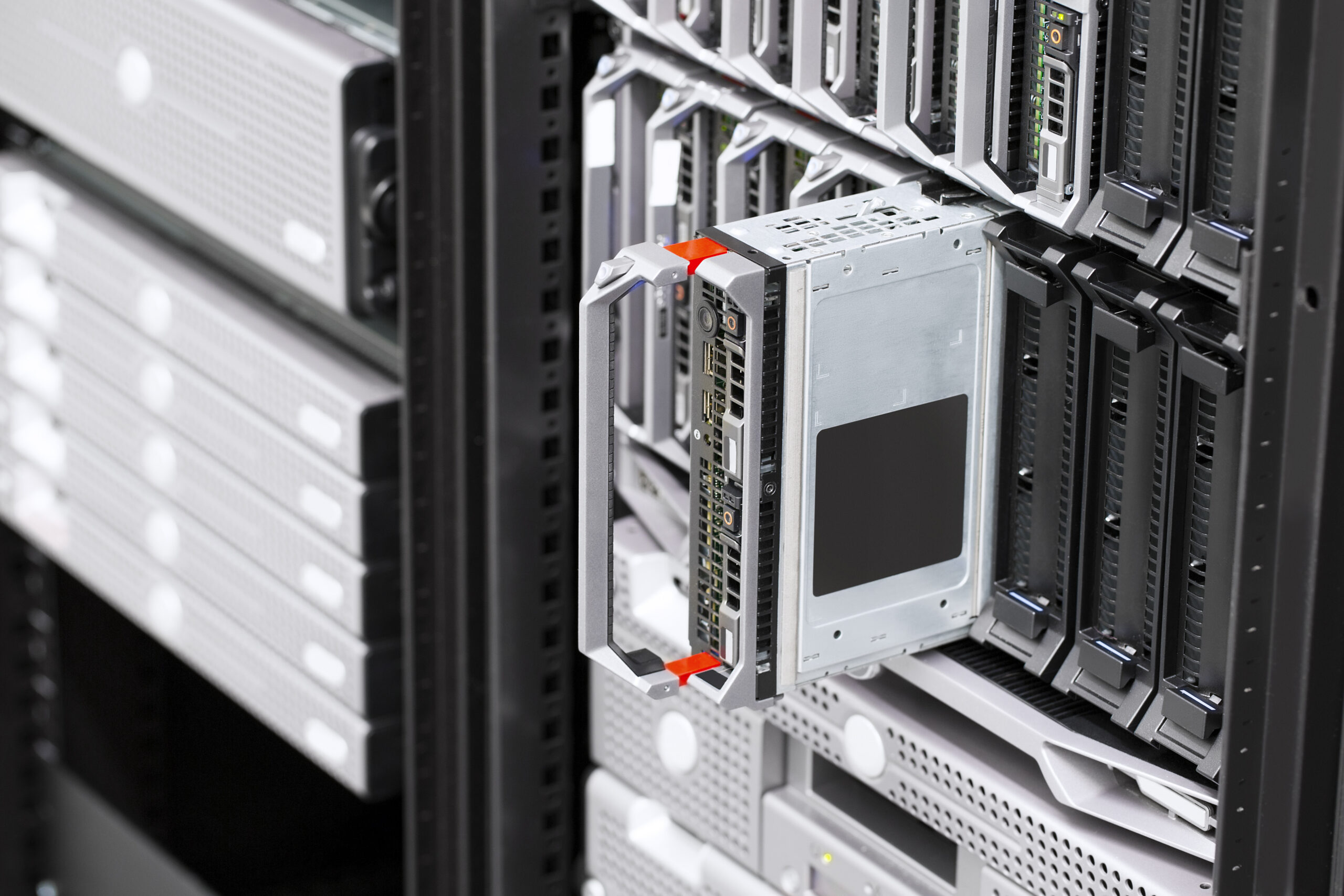Close-up of enterprise server drives representing secure automated backups and reliable data protection and recovery.