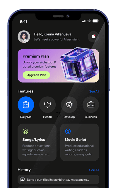 Smartphone screen displaying an AI-powered assistant app interface with premium features and user dashboard.
