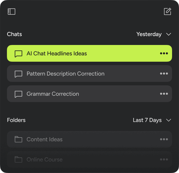 Dark mode interface showing AI chat and task management dashboard for idea generation and content organization.