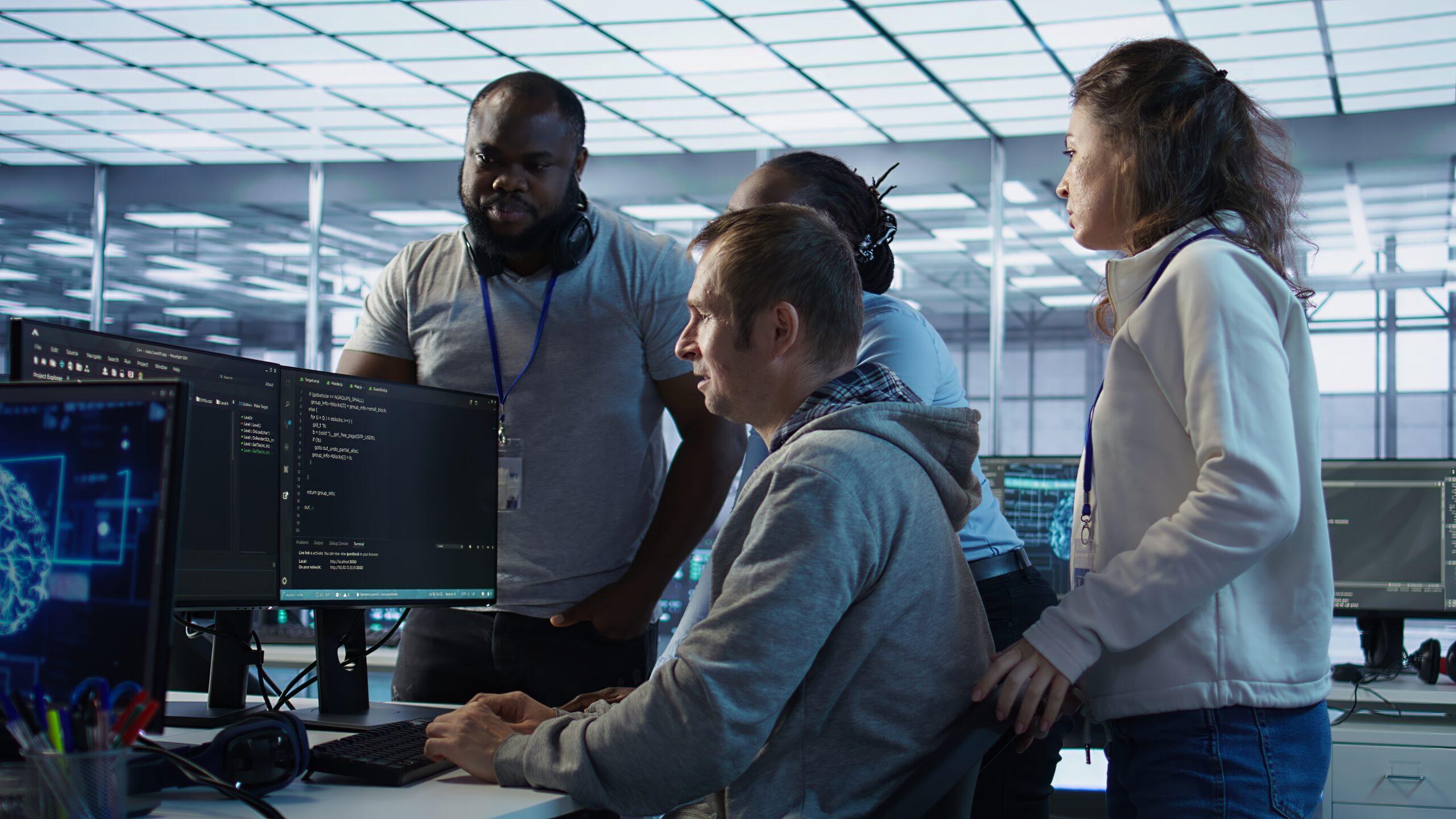 Cybersecurity and IT professionals collaborating in a secure operations environment.